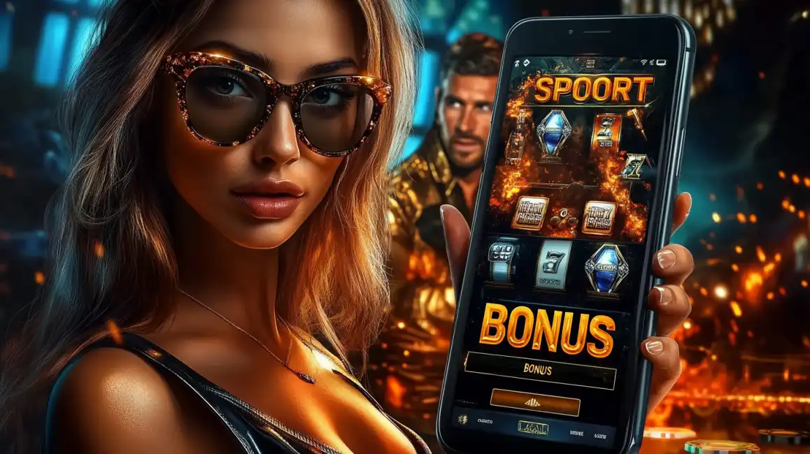 A stylish woman in designer glasses holds a smartphone showing a BONUS screen for a sport-themed slot game on the exclusive kkbd mobile casino app.
