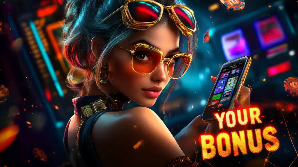A woman in futuristic sunglasses holds a phone in a neon casino setting, with the words YOUR BONUS glowing brightly to advertise a special offer from kkbd.