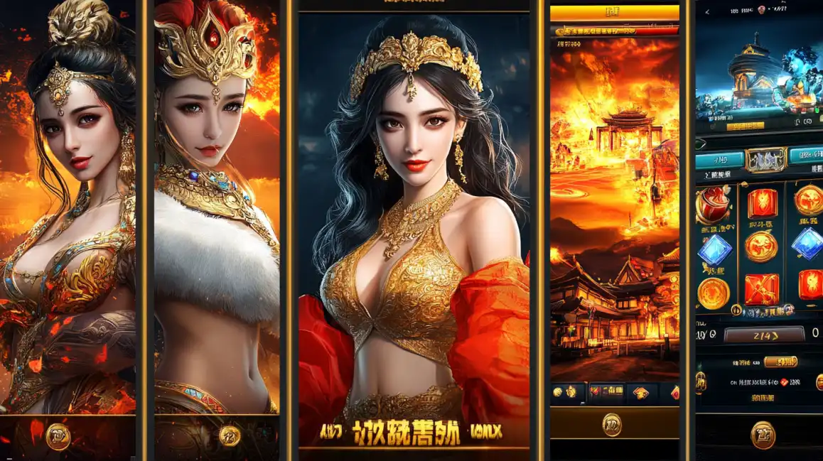 A collage displaying the interface and characters of an Asian fantasy-themed slot game from kkbd, featuring beautifully dressed empresses and a mystical temple background.